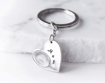 Personalised Cast Sterling Silver Fingerprint Heart Keyring