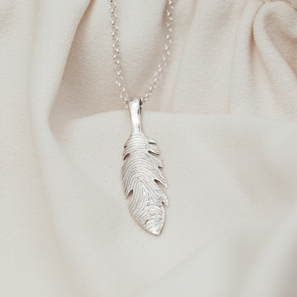 Sterling Silver or Gold Feather Shaped Pendant Necklace Customised with an Engraved Fingerprint