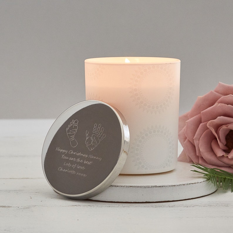 Personalised Scented Candle with Hand and Foot Print Engraved Lid / Luxury re-usable Jar image 4