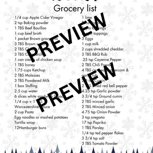 May include: A "Week 1" grocery list with various ingredients, including spices, dairy, and vegetables. The list is displayed on a white background with a winter theme, featuring snowflakes and a forest border.