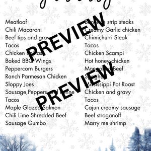 May include: A winter-themed menu for January, with a white background and snowflakes. The word "january" is written in cursive. The menu includes dishes like "Meatloaf", "Tacos", and "Chicken Scampi". The word "PREVIEW" is stamped across the image.