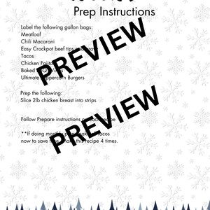 May include: A white recipe sheet with the title "Week 1 Prep Instructions" in black script. The sheet lists meal prep instructions, including labeling gallon bags for meatloaf, tacos, and other dishes. A forest illustration is at the bottom.