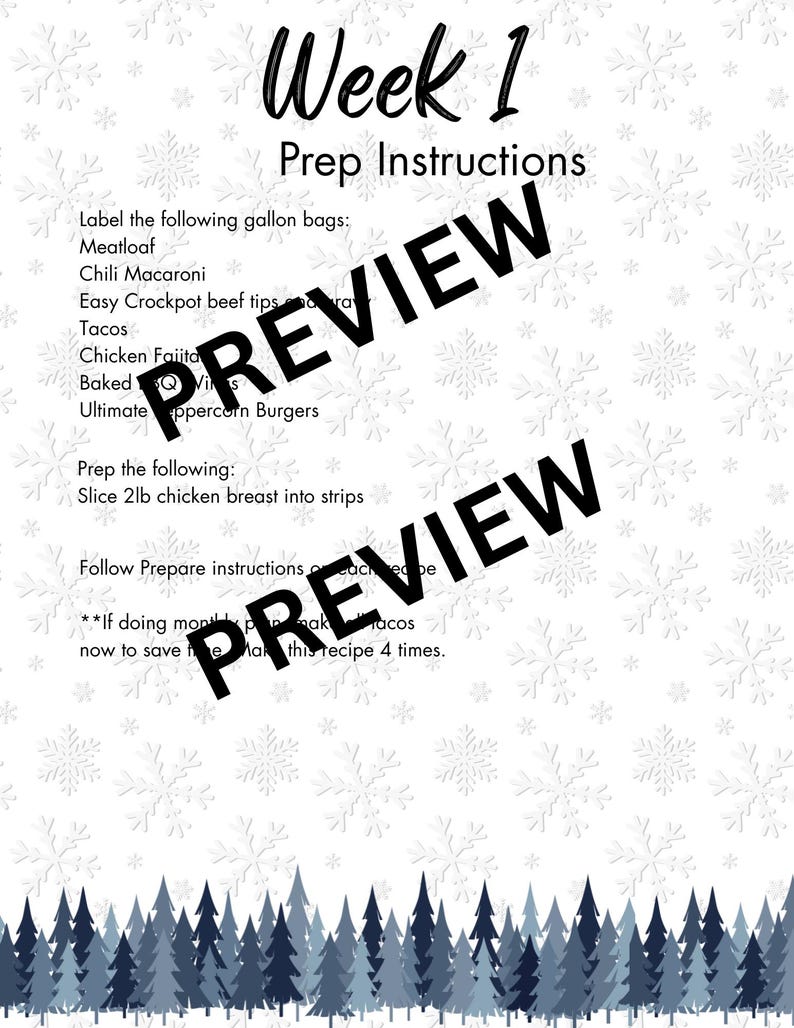 May include: A white recipe sheet with the title "Week 1 Prep Instructions" in black script. The sheet lists meal prep instructions, including labeling gallon bags for meatloaf, tacos, and other dishes. A forest illustration is at the bottom.