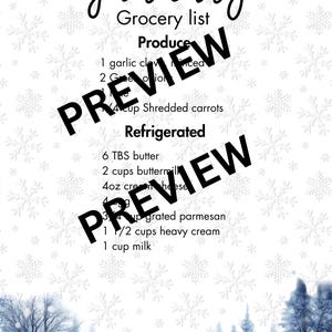 May include: A white January grocery list with a winter theme. The list includes produce and refrigerated items. The word "PREVIEW" is stamped across the list.