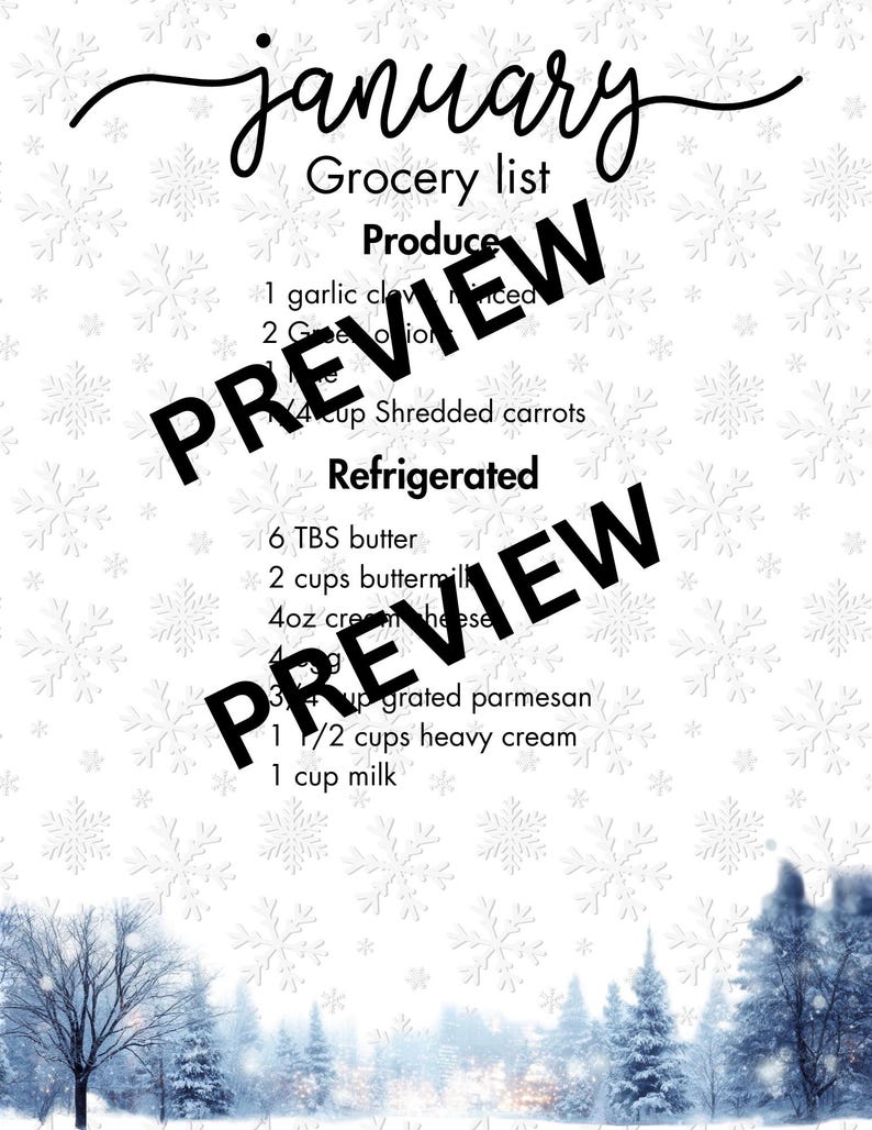 May include: A white January grocery list with a winter theme. The list includes produce and refrigerated items. The word "PREVIEW" is stamped across the list.