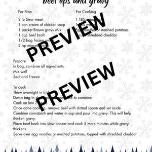 May include: A recipe card for Easy Slow Cooker Beef Tips and Gravy, with ingredient lists and instructions. The text is in black, with a snowflake and pine tree border. The word "PREVIEW" is stamped across the image.