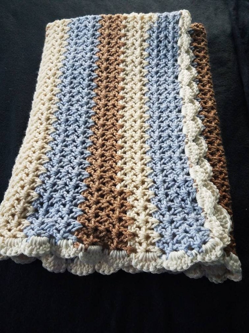 Crocheted Baby Boy Blanket. V Stitch With a Shell Border. Etsy