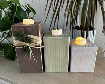 Farmhouse Wood Candle Holders, Flameless Tea Lights, Set of 3