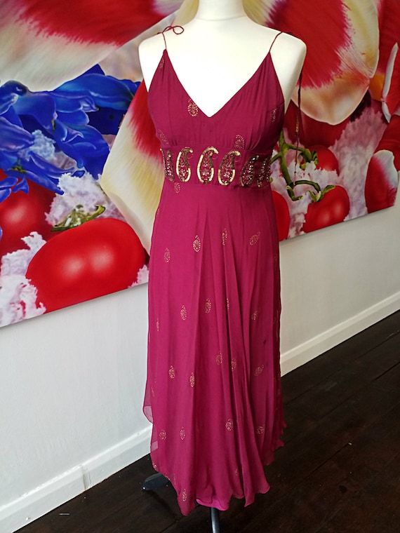 1990s embellished dark magenta silk paisley dress… - image 2
