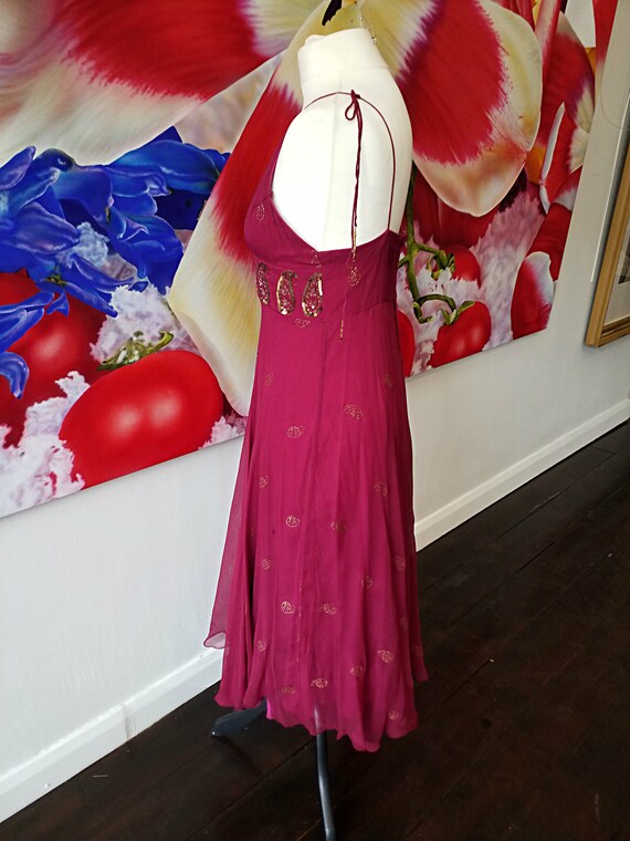 1990s embellished dark magenta silk paisley dress… - image 3