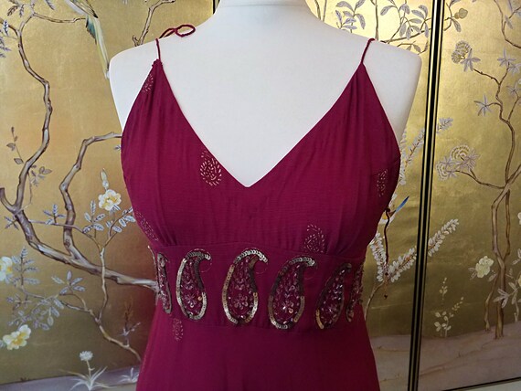 1990s embellished dark magenta silk paisley dress… - image 5