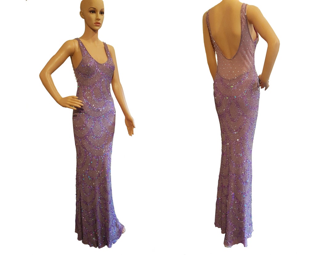 Stunning Bias Cut Backless Floor Length Embellished Evening Gown Size ...