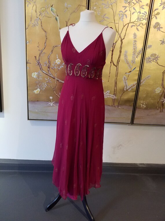1990s embellished dark magenta silk paisley dress… - image 10
