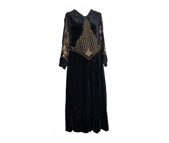 Antique silk velvet dress with goldwork embroider… - image 1