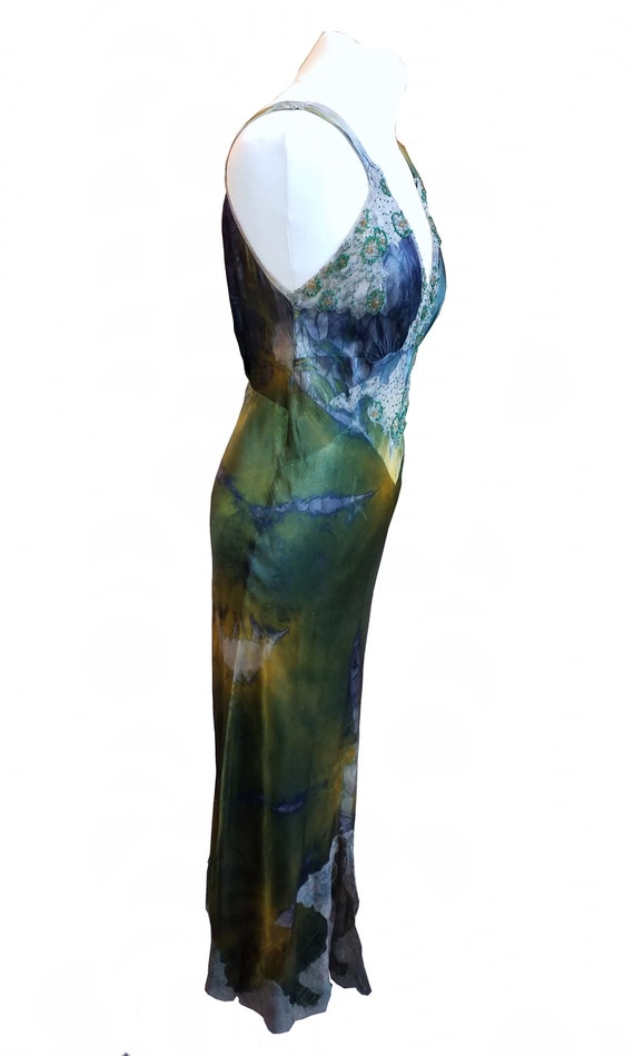 Bias cut 1930s-40s tie dye dress with lace and be… - image 2