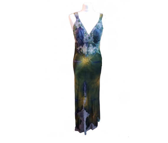 Bias cut 1930s-40s tie dye dress with lace and be… - image 1