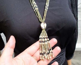 Silver and jadeite/nephrite bead tassel necklace. Vintage multi strand natural gemstone beaded necklace with tassel.