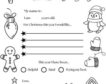 Puede incluir: Una plantilla imprimible en blanco y negro para una carta a Santa Claus con ilustraciones de línea de un bastón de caramelo, calcetines, un pingüino, un hombre de jengibre, un árbol de Navidad, un copo de nieve, una taza y una casa.