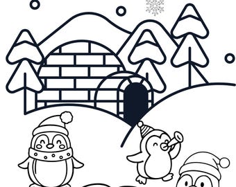 Puede incluir: Una página para colorear en blanco y negro con tres pingüinos en un paisaje nevado. Un pingüino lleva gorro y bufanda, otro lleva un gorro de fiesta y toca una trompeta, junto a un iglú y árboles de pino en el fondo.