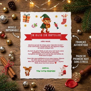 May include: A white rectangular card with deckled edges featuring a cartoon elf, a reindeer, and Santa Claus. The text reads: JE SUIS DE RETOUR! CHÈRE MAGGIE, Devinez qui est de retour, pour répandre la joie? C'est votre lutin, rempli de joie, qui apporte magie et malice chaque nuit. Au nom du père Noël, je suis venu voir toute votre gentillesse, votre amour et votre joie. Comporte-toi bien, et tu verras des merveilles de Noël sous le sapin. Avec des yeux pétillants et un cœur joyeux, faisons de cette saison un moment inoubliable! Mon ami, que les festivités commencent! Joyeux Noël, avec tout mon amour. AMOUR, TON LUTIN PRÉFÉRÉ.
