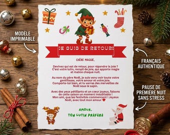 Puede incluir: Una tarjeta rectangular blanca con bordes irregulares que muestra un elfo, un reno y Santa Claus. El texto dice: JE SUIS DE RETOUR! CHÈRE MAGGIE, Devinez qui est de retour, pour répandre la joie? C'est votre lutin, rempli de joie, qui apporte magie et malice chaque nuit. Au nom du père Noël, je suis venu voir toute votre gentillesse, votre amour et votre joie. Comporte-toi bien, et tu verras des merveilles de Noël sous le sapin. Avec des yeux pétillants et un cœur joyeux, faisons de cette saison un moment inoubliable! Mon ami, que les festivités commencent! Joyeux Noël, avec tout mon amour. AMOUR, TON LUTIN PRÉFÉRÉ.