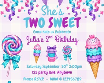 Puede incluir: Una tarjeta de invitación de cumpleaños con un gran lazo morado, serpentinas rosas y azules, e ilustraciones de dulces. El texto dice: She's TWO SWEET, Come help us Celebrate Julia's 2nd Birthday, Saturday September, 30th 2:00pm, 123 party lane, Anytown, Please R.S.V.P. - MOM @ 123456789.