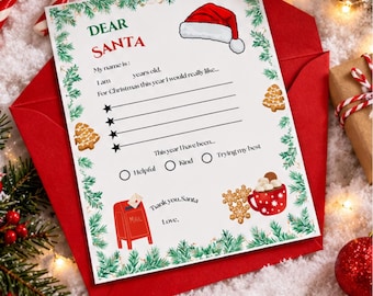 Puede incluir: Una plantilla de carta a Santa Claus con un borde de ramas de pino verdes, un gorro de Santa rojo, galletas de jengibre, un buzón rojo y una taza roja de chocolate caliente. El texto incluye campos para nombre, edad, deseos de regalos y casillas.