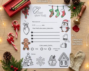 Puede incluir: Una plantilla imprimible de carta a Santa con texto en francés, incluyendo 'Cher père Noël', 'Mon nom est' y 'Pour Noël cette année, j'aimerais'. La página incluye ilustraciones de calcetines, un pingüino, un hombre de jengibre y un árbol.