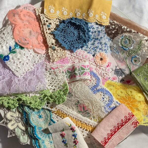 Vintage Colors Textures grab bag Snippets Trim bundle inspiration kit mixed media junk journal craft lace fabric bits pieces