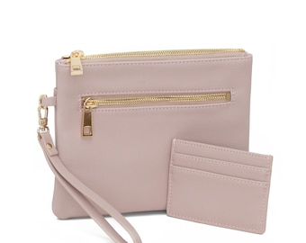 Faux Leather Wristlet Wallet for Women - Dusky Pink