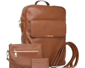Laptop Bag Backpack, Top Handle with Shoulder Strap, Tote Bag With Zipper - Leather Brown