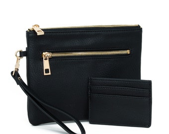 Faux Leather Wristlet Wallet for Women - Black