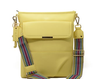 Crossbody, Detachable Shoulder Strap, Messenger Bag, Tote with Zipper, Laptop - Pastel Yellow