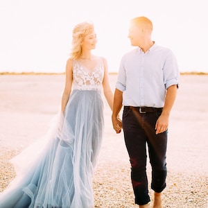 Blue wedding dress with tulle and off-white lace, with train, boho wedding dress, buttons on the back, transparent, 2022 european wedding image 1