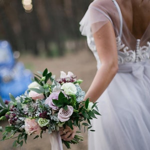 Blush wedding dress removable puff sleeves with off-white lace non-corset, simple, Boho wedding dress, blue, black or other color LUV-LUV image 9