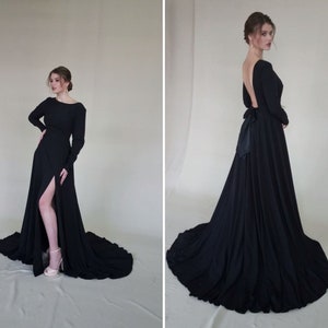 Black wedding dress minimalist, slits, simple gown, gothic, alternative, colored, bohemian, romantic, non traditional, open back, long train