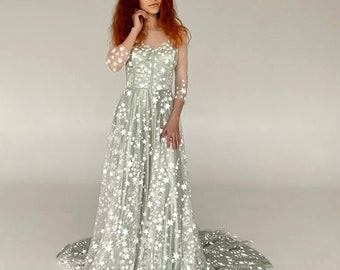 Reflective star celestial off white olive wedding dress, boho wedding dress sleeves, sparkles glitter, 2023 european - custom | LUV-LUV