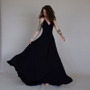Simple black wedding dress, Boho wedding dress, summer crepe wedding gown spaghetti straps, nightie dress | LUV-LUV