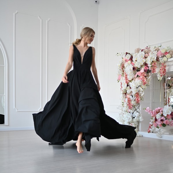 Black wedding dress minimalist, boho simple gown, gothic, alternative, colored, bohemian, romantic, non traditional, open back, long train
