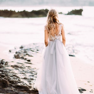 Grey blue wedding dress sleeves with off-white lace, non-corset, simple, Boho wedding dress LUV-LUV image 1