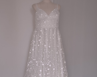 Star celestial simple off white wedding dress with train, boho wedding dress, luminous sparkles glitter, spagetti straps A-line | LUV-LUV