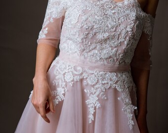 Pink dress sleeves with light ivory lace and beige lining, tulle gown, lace wedding dress, Boho wedding dress -LUV-LUV