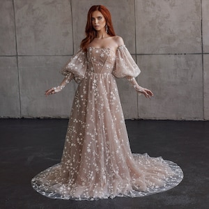Starry celestial off white beige blush whimsical wedding dress sparkles glitter stright neck puff long sleeves slit 2023 custom size | LUV