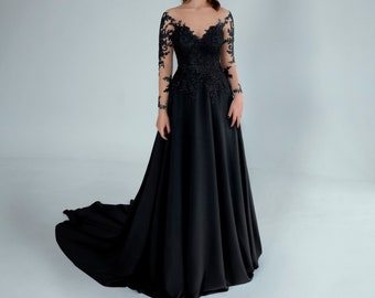 Lace chiffon black wedding dress, non traditional, off white, blue wedding gown, gothic long sleeve, transparent back corset | LUV-LUV