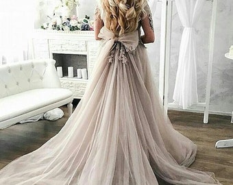 Grey wedding dress sleeves with a beige-purple shade , tulle gown, prom gown, lace wedding dress, Boho wedding dress - LUV-LUV