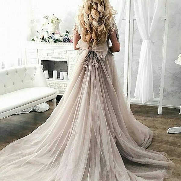 Vestido de novia gris con mangas en tono beige-violeta, vestido de tul, vestido de fiesta, vestido de novia de encaje, vestido de novia bohemio - LUV-LUV