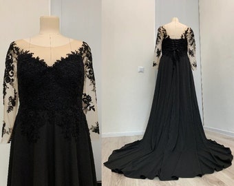 Lace chiffon black wedding dress plus size, non traditional, off white, blue wedding gown, gothic long sleeve, corset lacing| LUV-LUV