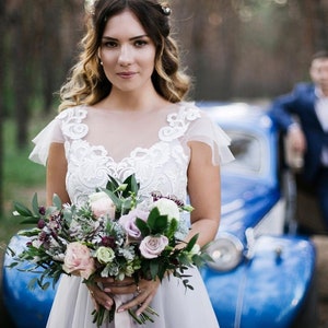 Grey blue wedding dress sleeves with off-white lace, non-corset, simple, Boho wedding dress LUV-LUV image 3