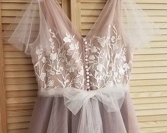 Blush purple dusty rose wedding dress tulle off-white lace, with train, boho wedding dress, sheer, ombre illusion  2022 european wedding