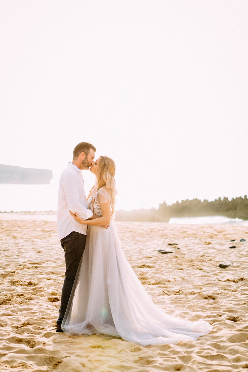 Grey blue wedding dress sleeves with off-white lace, non-corset, simple, Boho wedding dress LUV-LUV image 2